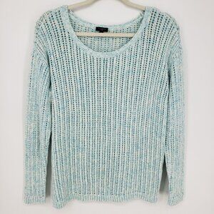 Talbots Open Knit Pointelle Sweater MP Cotton‎ Scoop Neck Marled Aqua Blue White